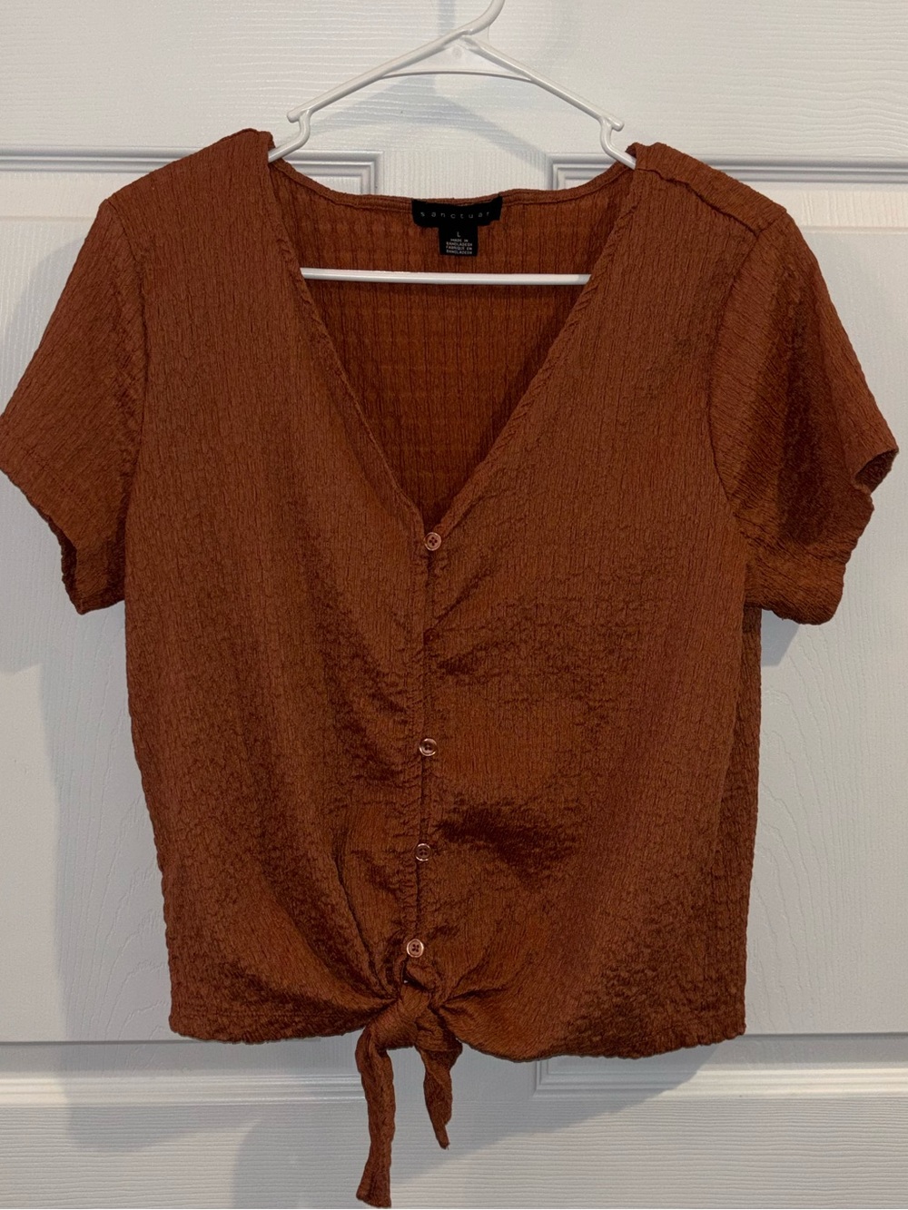 Sanctuary Burnt Orange Textured V-neck Tie Front Top Shirt Blouse Women’s L